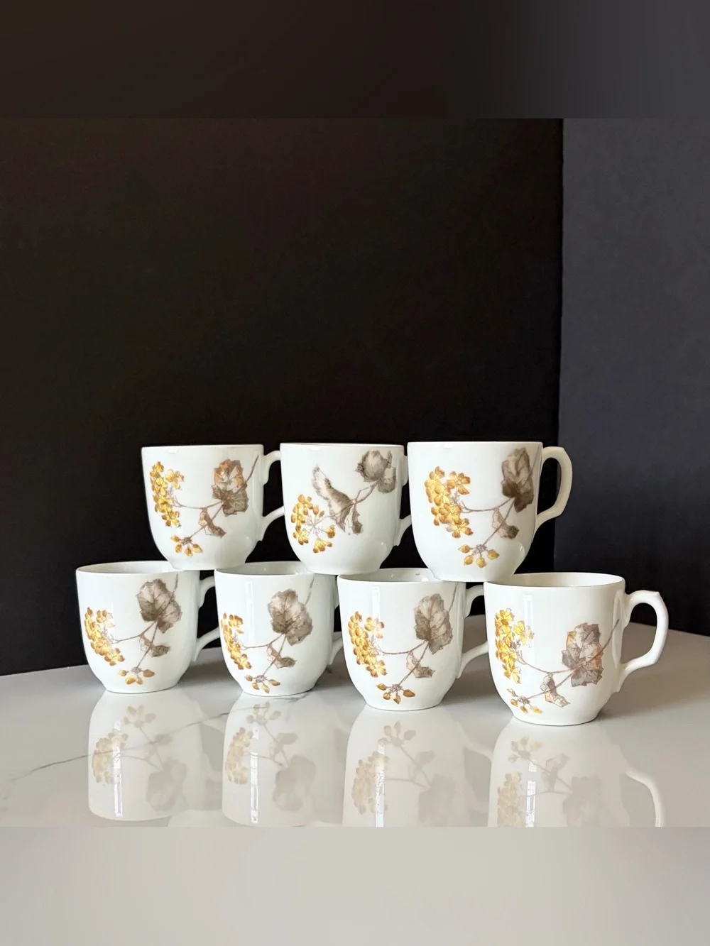 SET of 7 Espresso Demitasse Cup & Saucers - Yellow Floral - Haviland Limoges